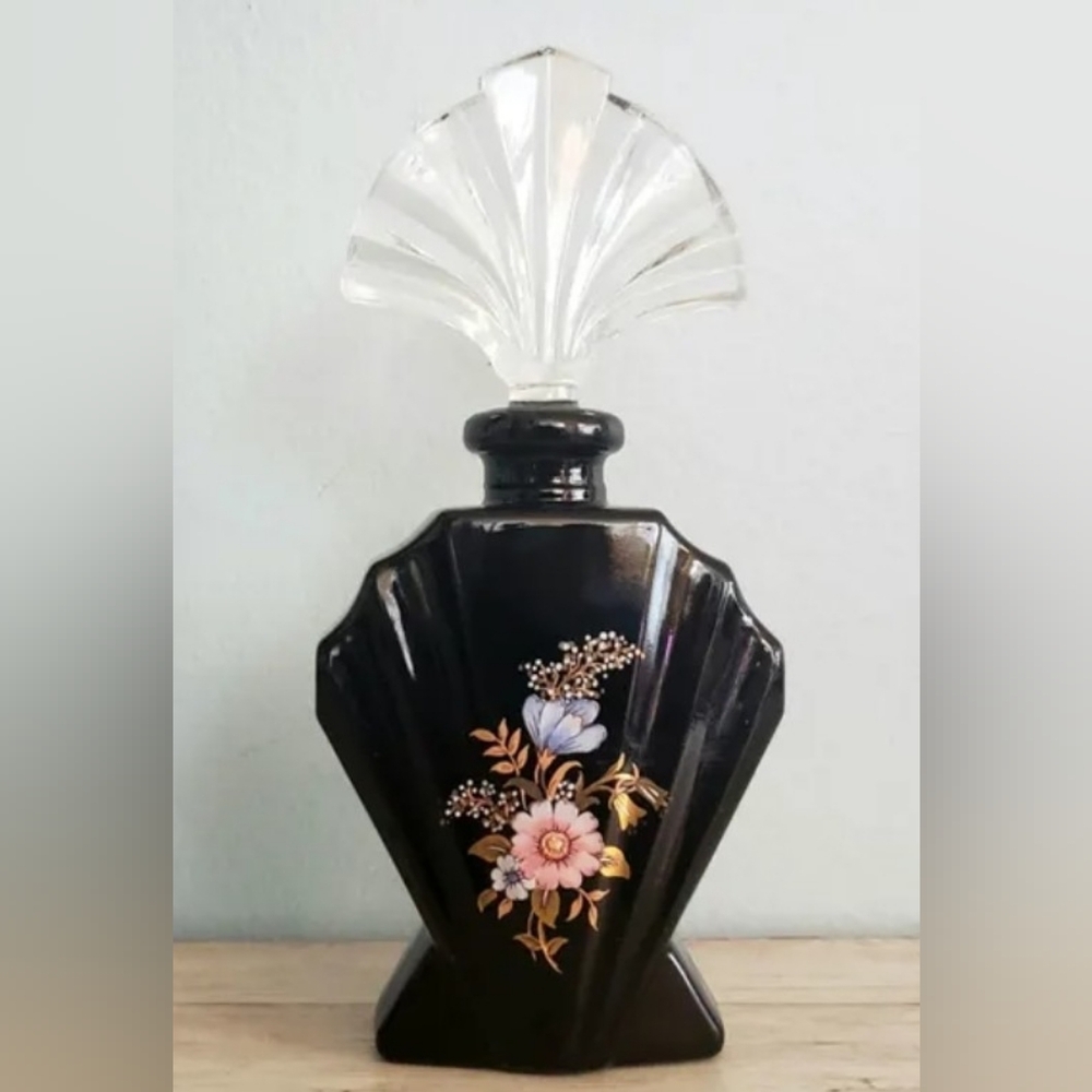 Vintage Black Glass Floral Empty Motif Perfume Bottle